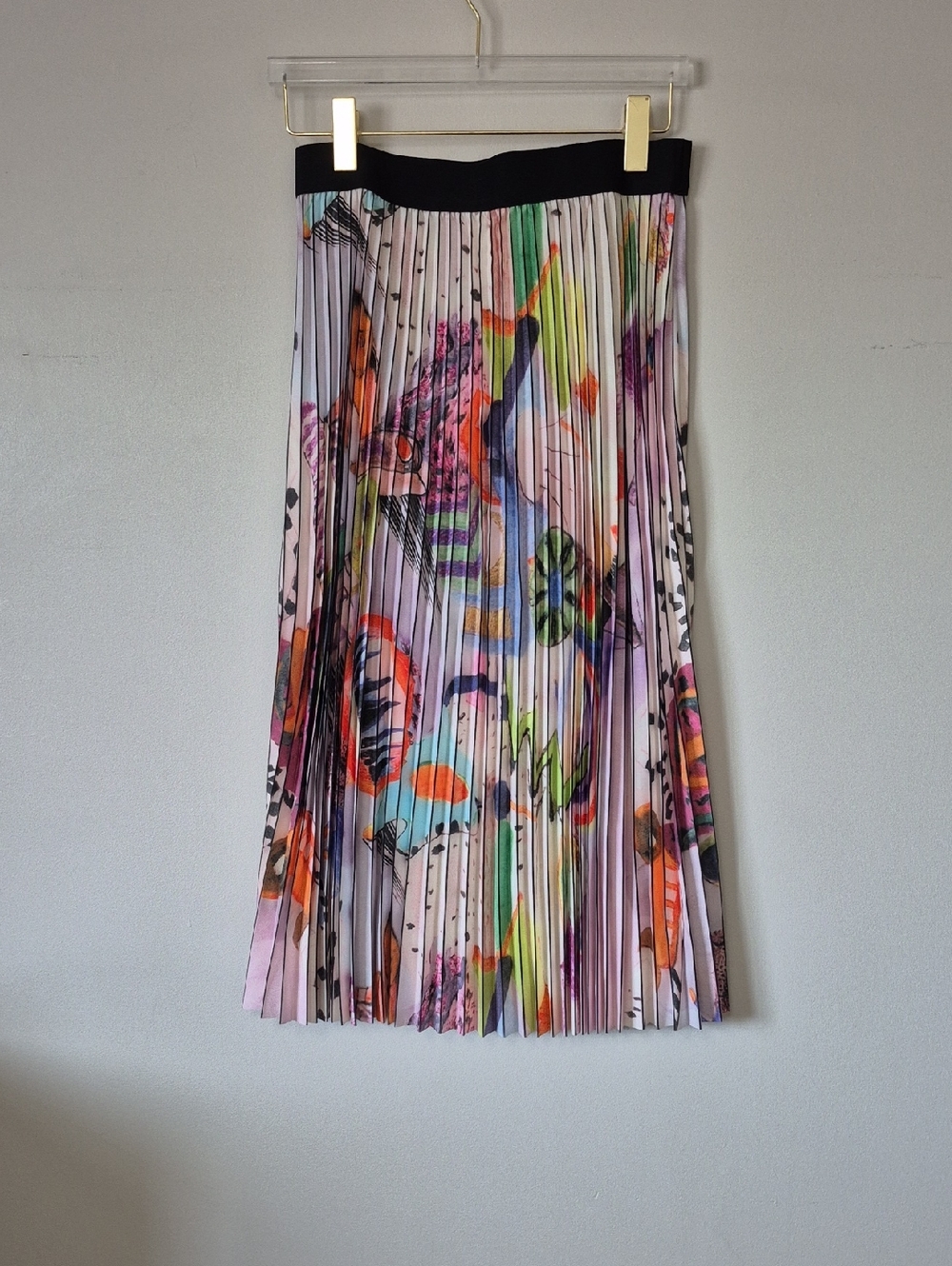 Gabby Isabella Size L Unique Fun Printed Knife Pleat Midi Skirt, Elastic Waist